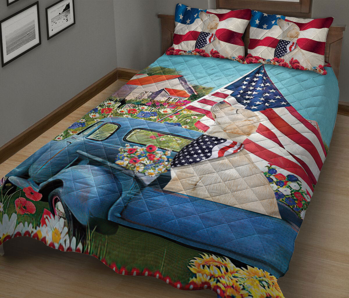 Ohaprints-Quilt-Bed-Set-Pillowcase-Labrador-In-Car-Patriotic-Dog-Lover-America-Us-Flag-Flower-Spring-Country-Road-Blanket-Bedspread-Bedding-1442-King (90'' x 100'')