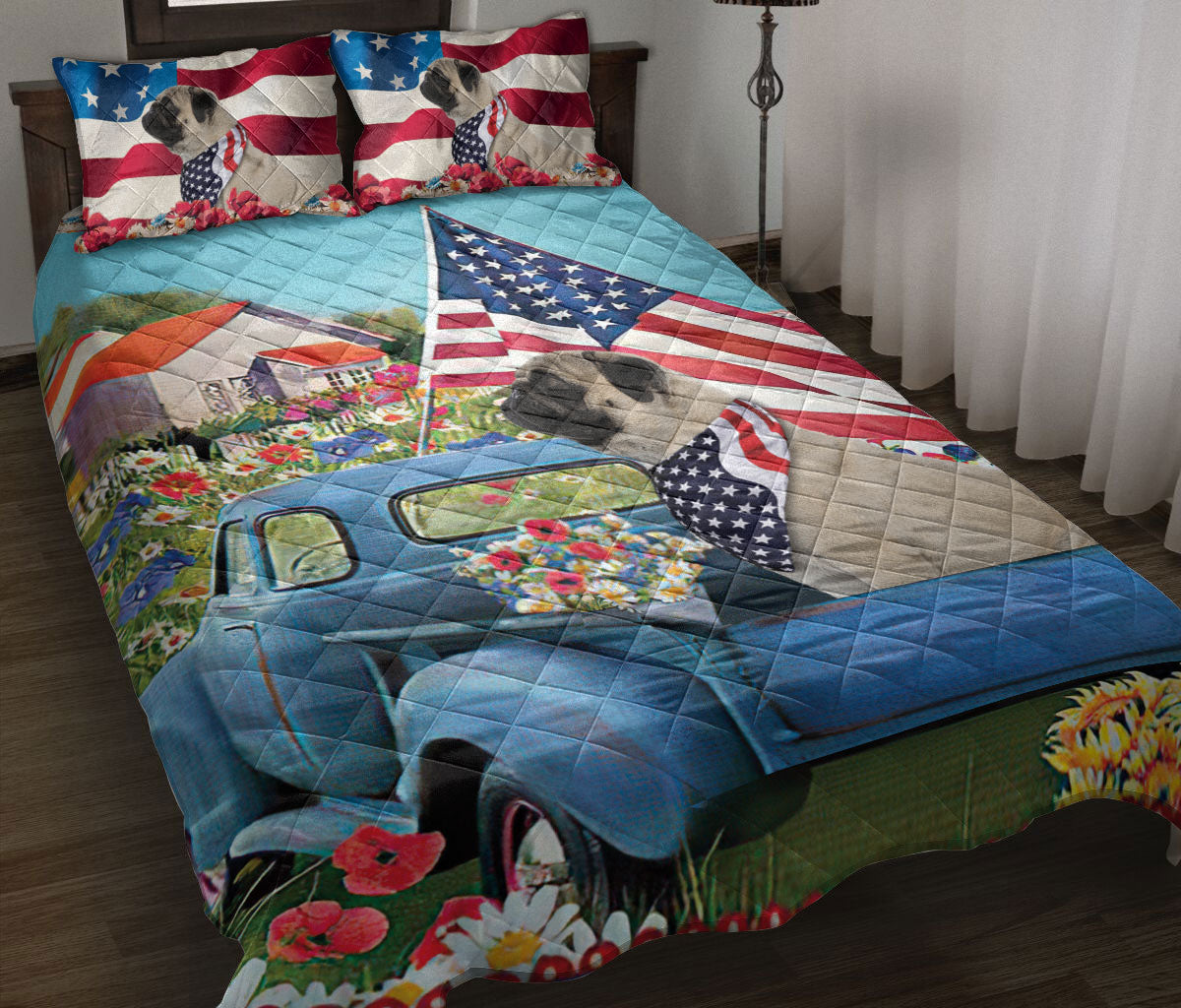 Ohaprints-Quilt-Bed-Set-Pillowcase-Pug-In-Car-Patriotic-Dog-Lover-America-Us-Flag-Flower-Spring-Country-Road-Blanket-Bedspread-Bedding-2028-Throw (55'' x 60'')