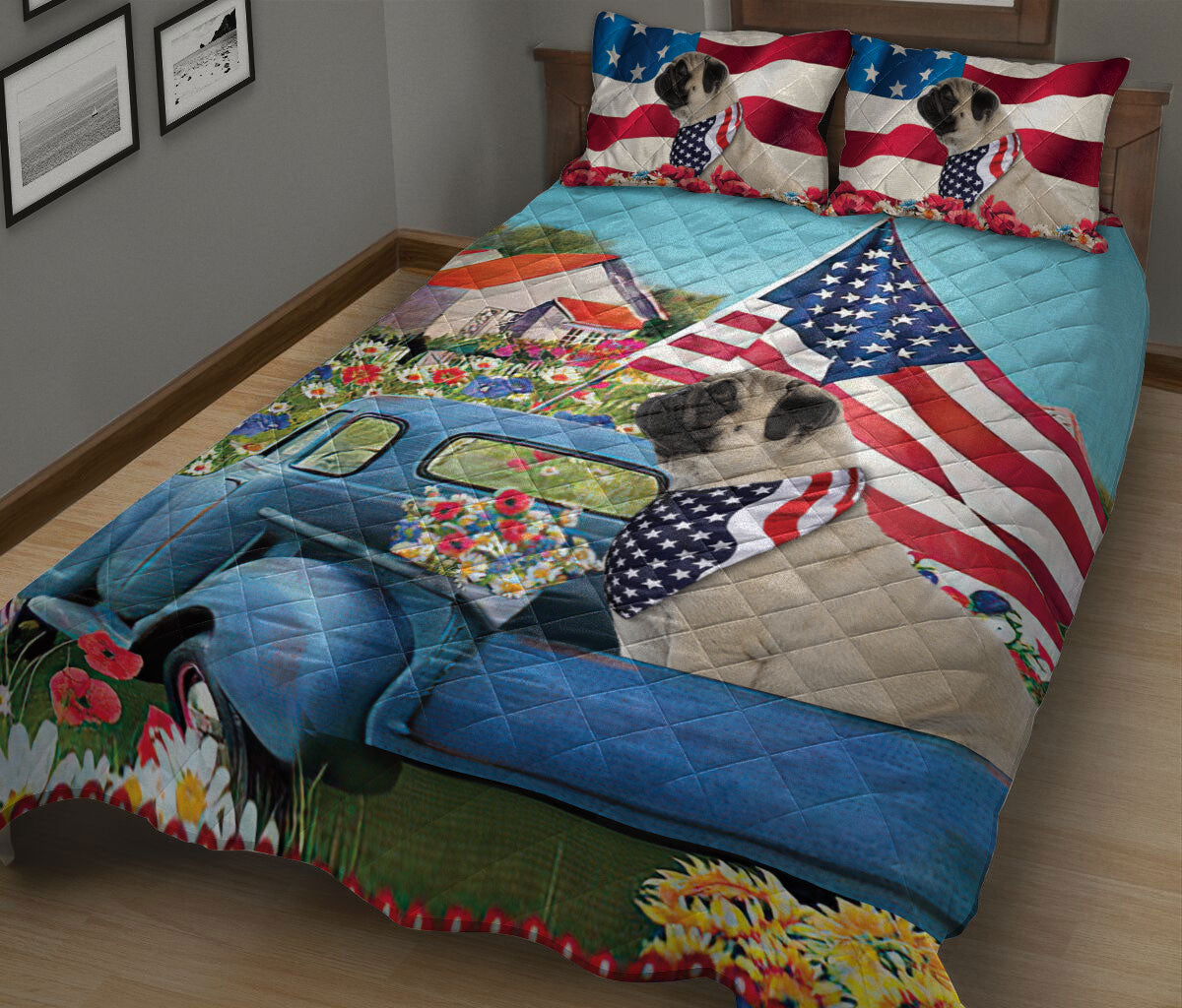 Ohaprints-Quilt-Bed-Set-Pillowcase-Pug-In-Car-Patriotic-Dog-Lover-America-Us-Flag-Flower-Spring-Country-Road-Blanket-Bedspread-Bedding-2028-King (90'' x 100'')