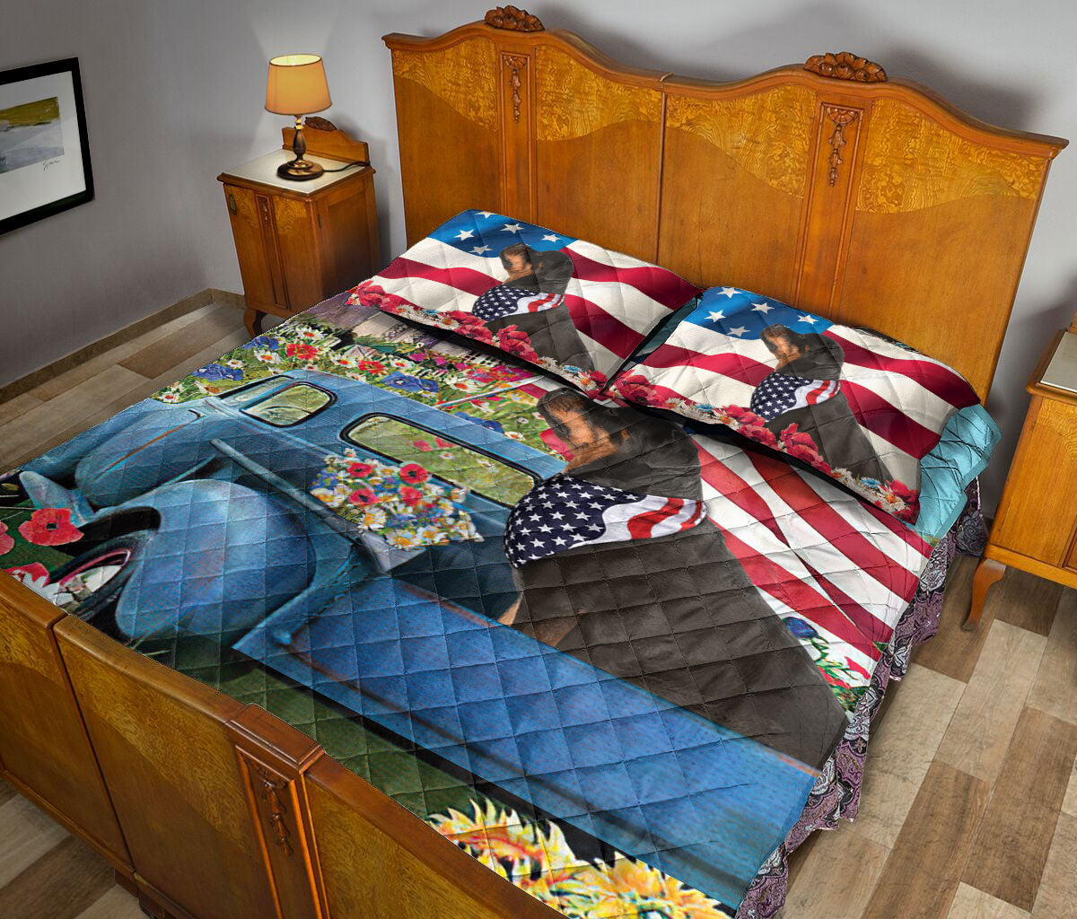 Ohaprints-Quilt-Bed-Set-Pillowcase-Rottweiler-In-Car-Patriotic-Dog-Lover-America-Flag-Flower-Spring-Country-Road-Blanket-Bedspread-Bedding-2622-Queen (80'' x 90'')