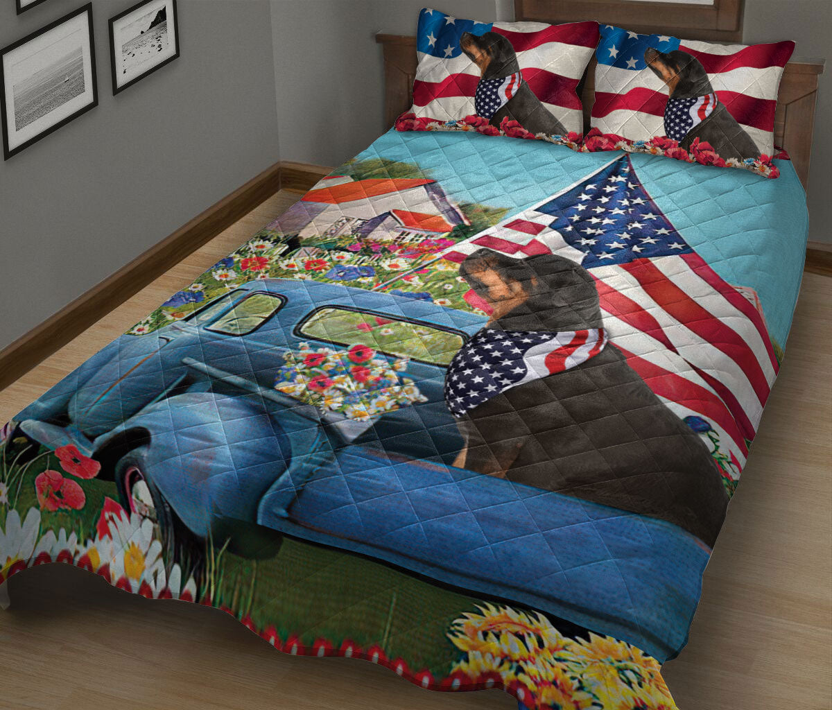 Ohaprints-Quilt-Bed-Set-Pillowcase-Rottweiler-In-Car-Patriotic-Dog-Lover-America-Flag-Flower-Spring-Country-Road-Blanket-Bedspread-Bedding-2622-King (90'' x 100'')