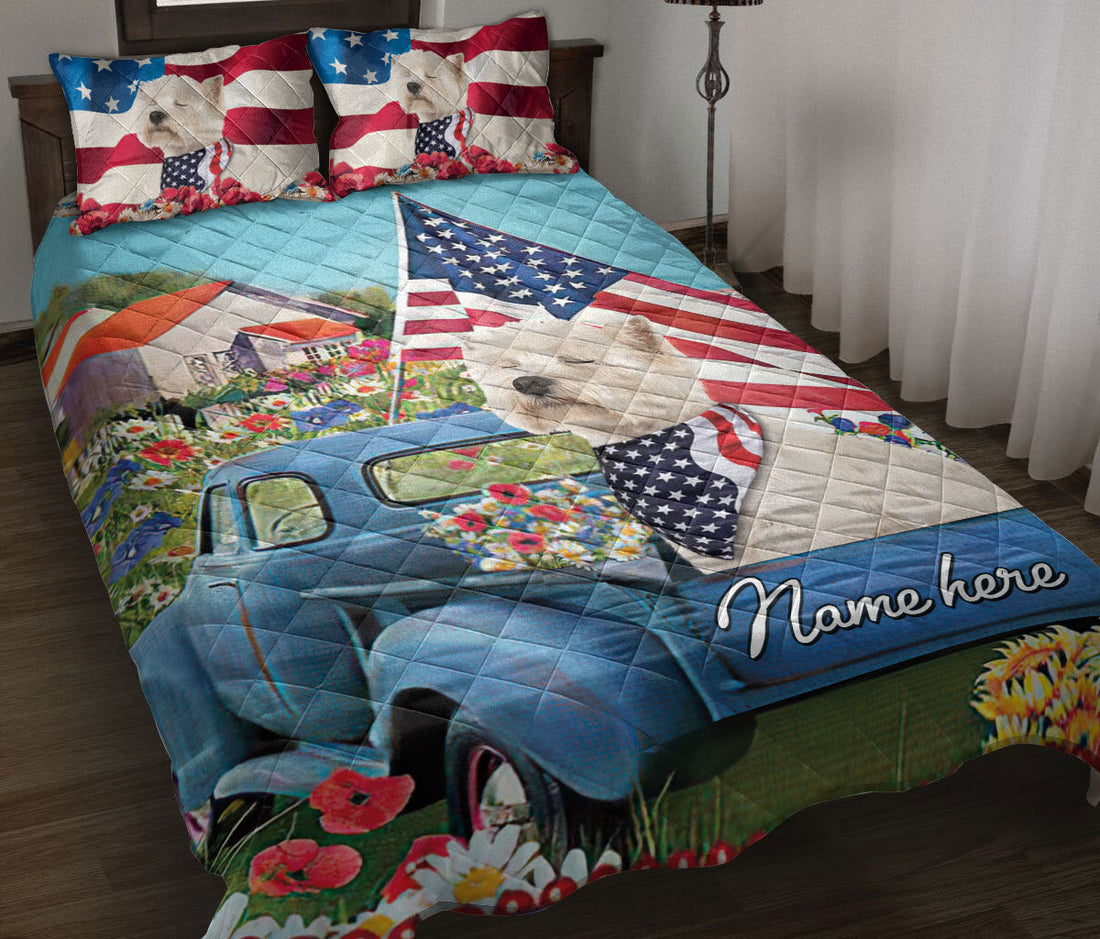 Ohaprints-Quilt-Bed-Set-Pillowcase-Westie-West-Highland-Dog-Lover-America-Us-Flag-Flower-Custom-Personalized-Name-Blanket-Bedspread-Bedding-272-Throw (55'' x 60'')