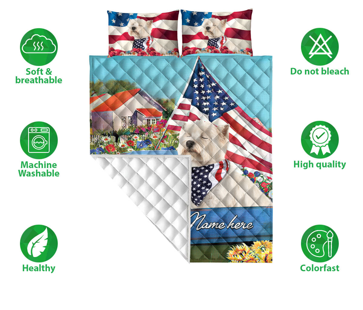 Ohaprints-Quilt-Bed-Set-Pillowcase-Westie-West-Highland-Dog-Lover-America-Us-Flag-Flower-Custom-Personalized-Name-Blanket-Bedspread-Bedding-272-Double (70'' x 80'')