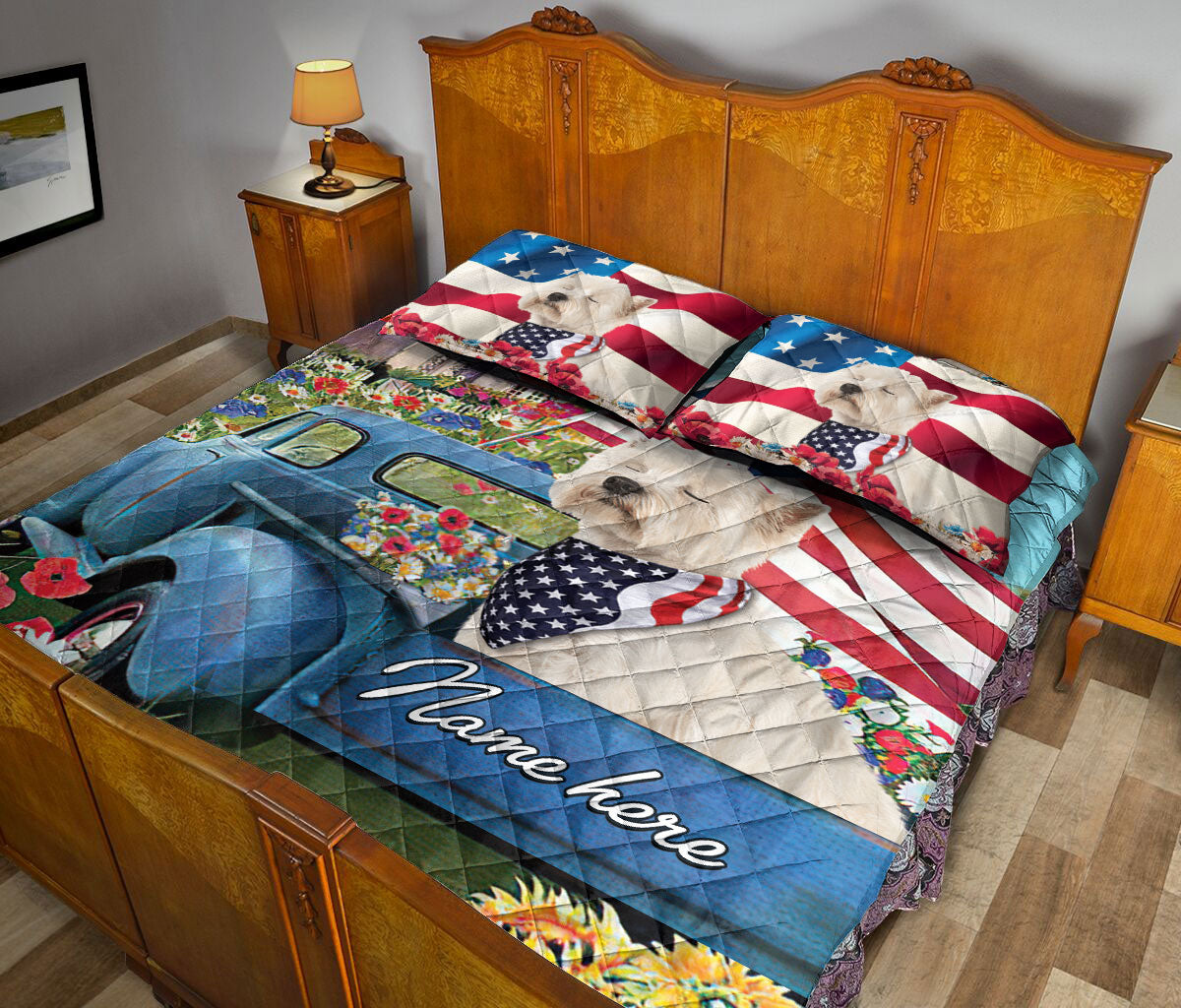 Ohaprints-Quilt-Bed-Set-Pillowcase-Westie-West-Highland-Dog-Lover-America-Us-Flag-Flower-Custom-Personalized-Name-Blanket-Bedspread-Bedding-272-Queen (80'' x 90'')