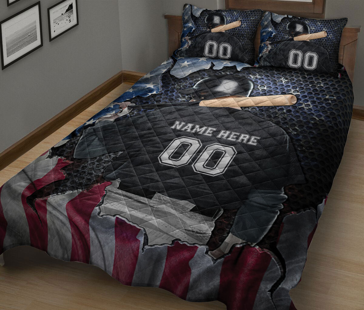 Ohaprints-Quilt-Bed-Set-Pillowcase-Baseball-Boy-Baseball-Lover-Fan-Gift-Us-Flag-Custom-Personalized-Name-Number-Blanket-Bedspread-Bedding-3038-King (90'' x 100'')
