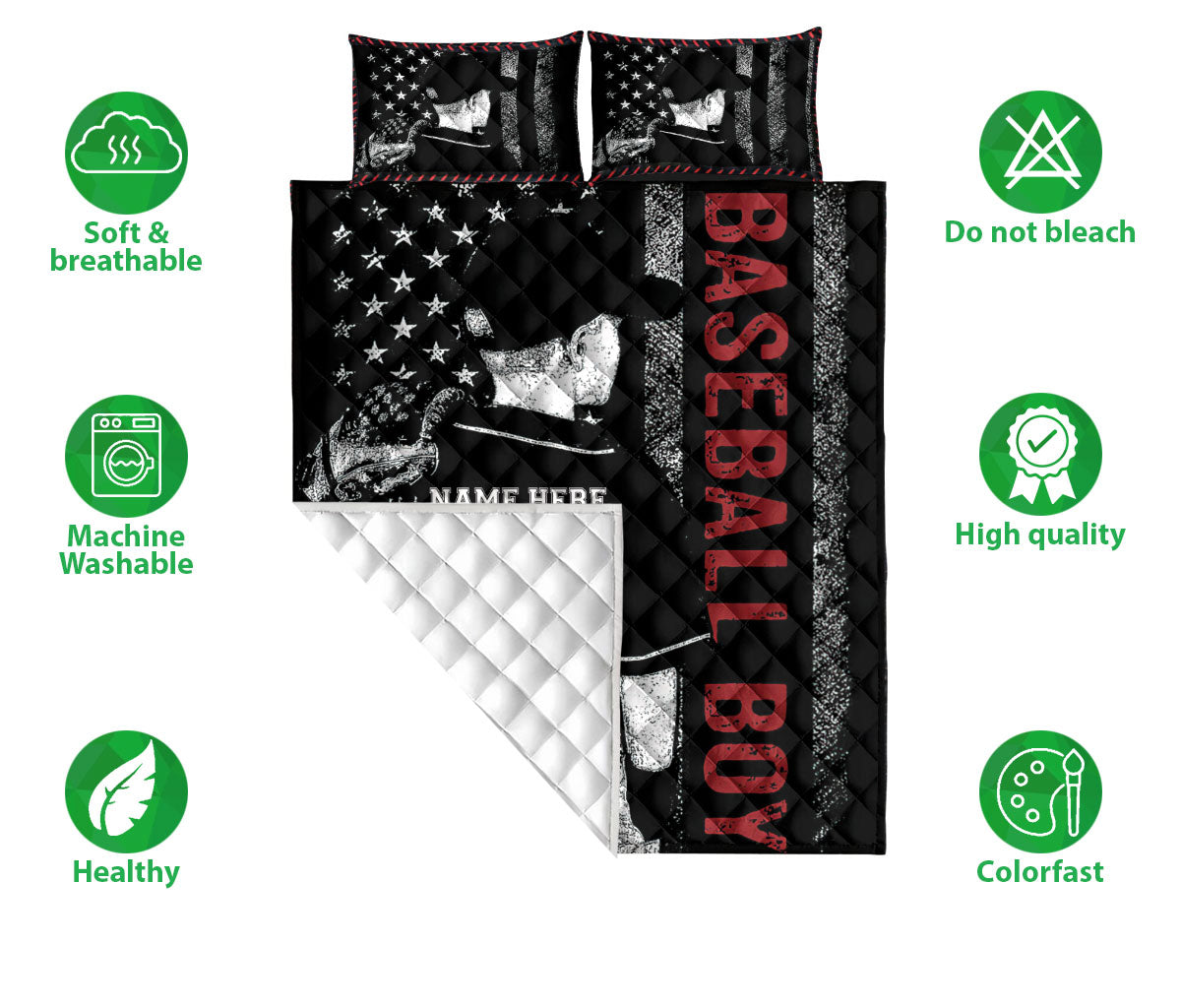 Ohaprints-Quilt-Bed-Set-Pillowcase-Baseball-Boy-Lover-Fan-Gift-America-Flag-Black-Custom-Personalized-Name-Number-Blanket-Bedspread-Bedding-163-Double (70'' x 80'')