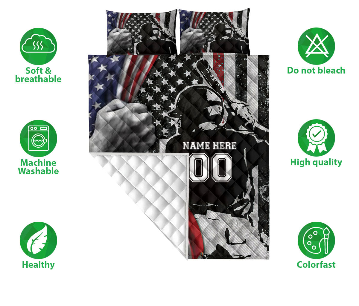 Ohaprints-Quilt-Bed-Set-Pillowcase-Baseball-Boy-Lover-Fan-Gift-Us-Flag-Black-Custom-Personalized-Name-Number-Blanket-Bedspread-Bedding-756-Double (70'' x 80'')