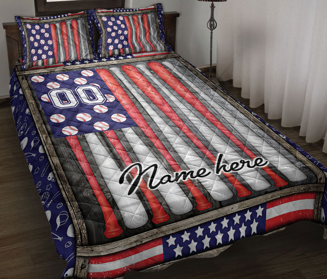 Ohaprints-Quilt-Bed-Set-Pillowcase-Baseball-Bat-America-Flag-Baseball-Lover-Gift-Custom-Personalized-Name-Number-Blanket-Bedspread-Bedding-757-Throw (55'' x 60'')