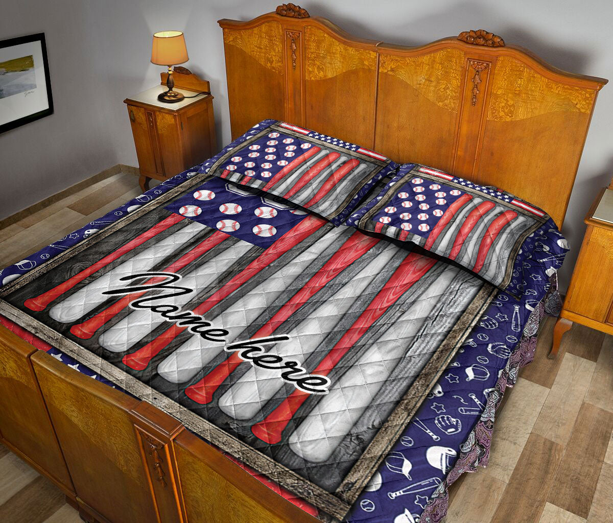 Ohaprints-Quilt-Bed-Set-Pillowcase-Baseball-Bat-America-Flag-Baseball-Lover-Gift-Custom-Personalized-Name-Number-Blanket-Bedspread-Bedding-757-Queen (80'' x 90'')