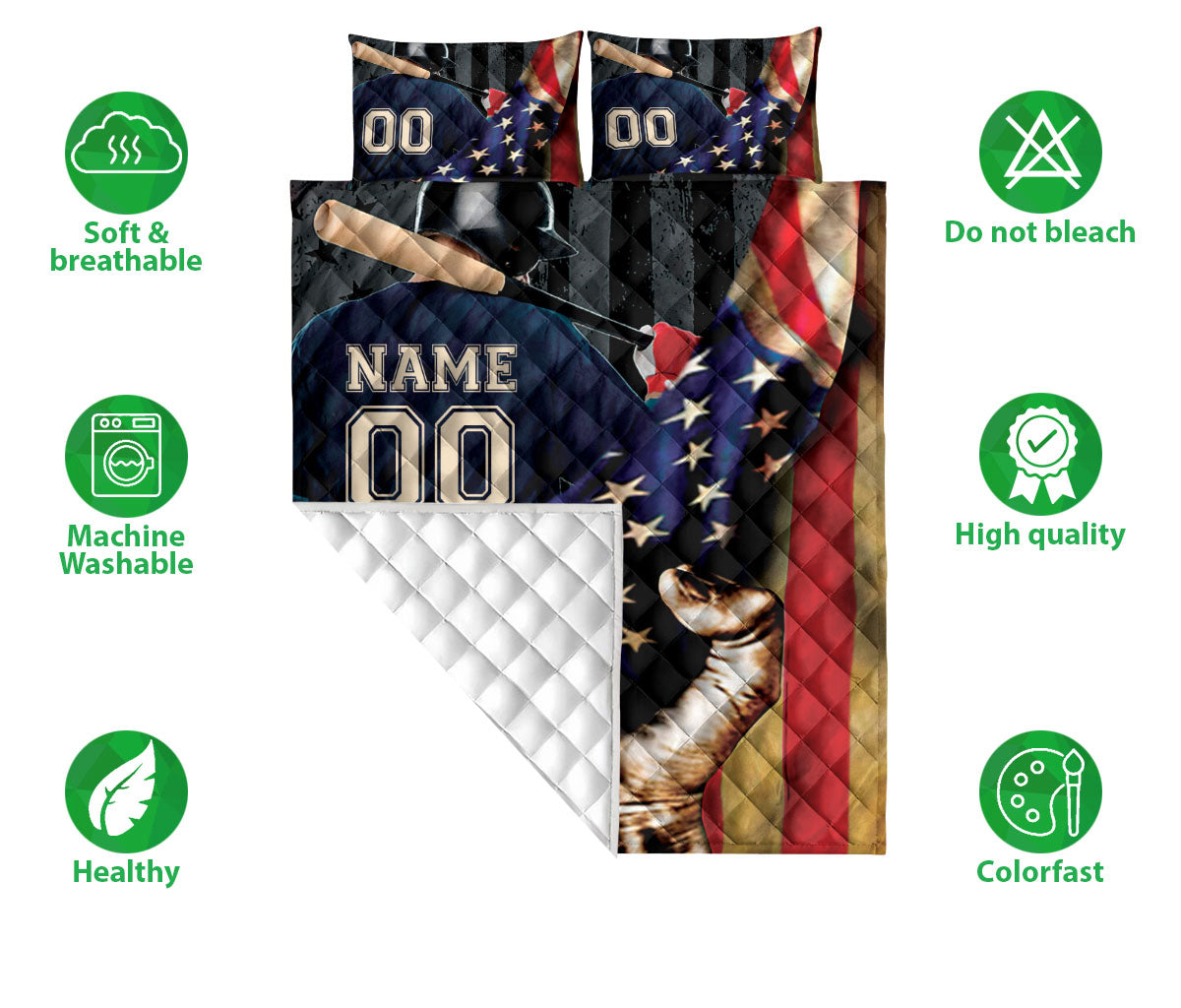Ohaprints-Quilt-Bed-Set-Pillowcase-America-Us-Flag-Baseball-Player-Lover-Gift-Custom-Personalized-Name-Number-Blanket-Bedspread-Bedding-1924-Double (70'' x 80'')