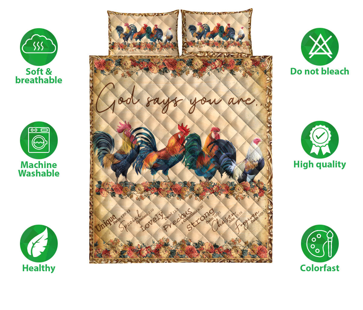 Ohaprints-Quilt-Bed-Set-Pillowcase-Flower-Rooster-Chicken-God-Say-You-Are-Farm-Animal-Farmer-Vintage-Blanket-Bedspread-Bedding-3592-Double (70'' x 80'')