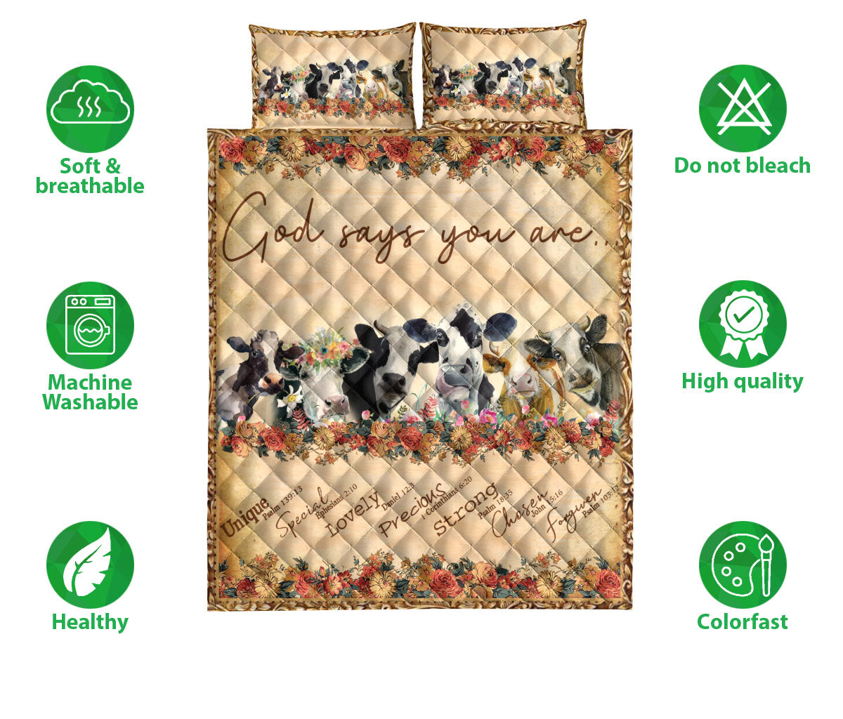 Ohaprints-Quilt-Bed-Set-Pillowcase-Flower-Floral-Cow-God-Say-You-Are-Farm-Animal-Farmer-Boho-Vintage-Blanket-Bedspread-Bedding-3722-Double (70'' x 80'')