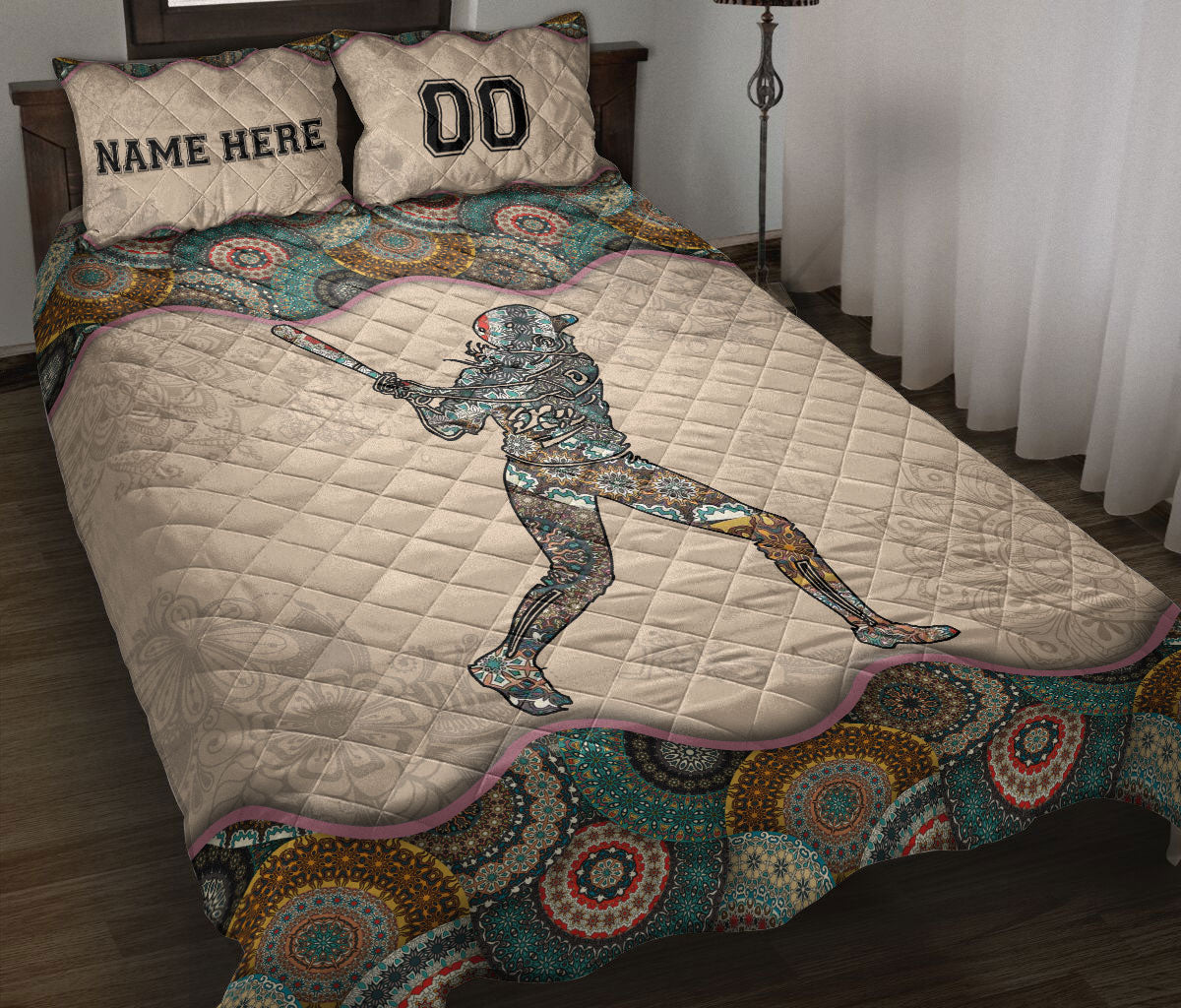 Ohaprints-Quilt-Bed-Set-Pillowcase-Baseball-Sofftball-Girl-Batter-Mandala-Vintage-Custom-Personalized-Name-Number-Blanket-Bedspread-Bedding-3176-Throw (55'' x 60'')