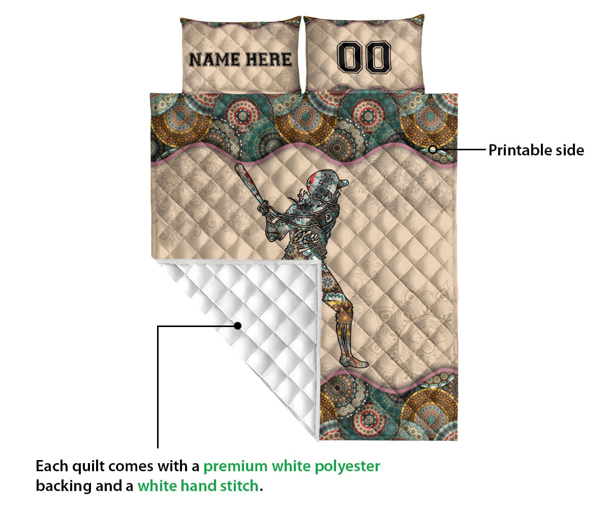 Ohaprints-Quilt-Bed-Set-Pillowcase-Baseball-Sofftball-Girl-Batter-Mandala-Vintage-Custom-Personalized-Name-Number-Blanket-Bedspread-Bedding-3176-Queen (80'' x 90'')