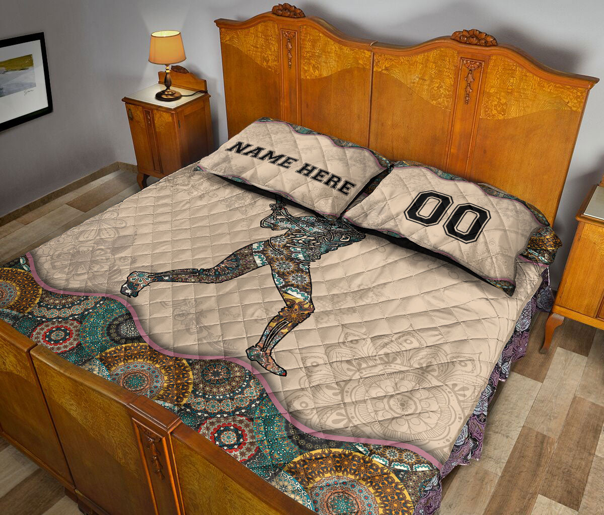 Ohaprints-Quilt-Bed-Set-Pillowcase-Baseball-Sofftball-Girl-Batter-Mandala-Vintage-Custom-Personalized-Name-Number-Blanket-Bedspread-Bedding-3176-King (90'' x 100'')