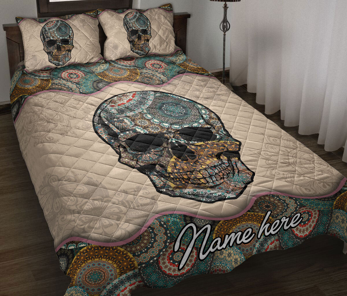 Ohaprints-Quilt-Bed-Set-Pillowcase-Skull-Skeleton-Mandala-Vintage-Gift-Idea-Custom-Personalized-Name-Blanket-Bedspread-Bedding-3681-Throw (55'' x 60'')