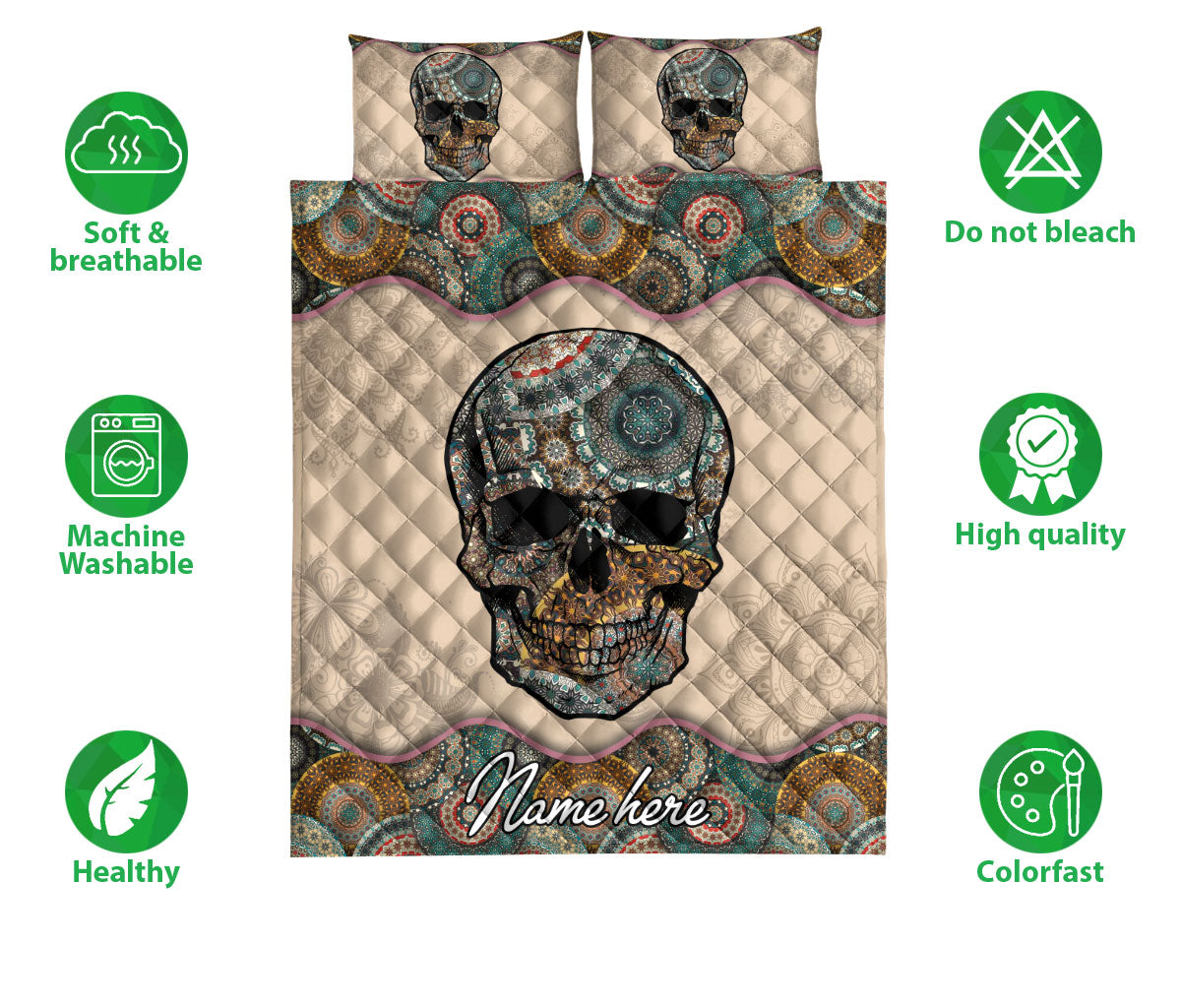 Ohaprints-Quilt-Bed-Set-Pillowcase-Skull-Skeleton-Mandala-Vintage-Gift-Idea-Custom-Personalized-Name-Blanket-Bedspread-Bedding-3681-Double (70'' x 80'')