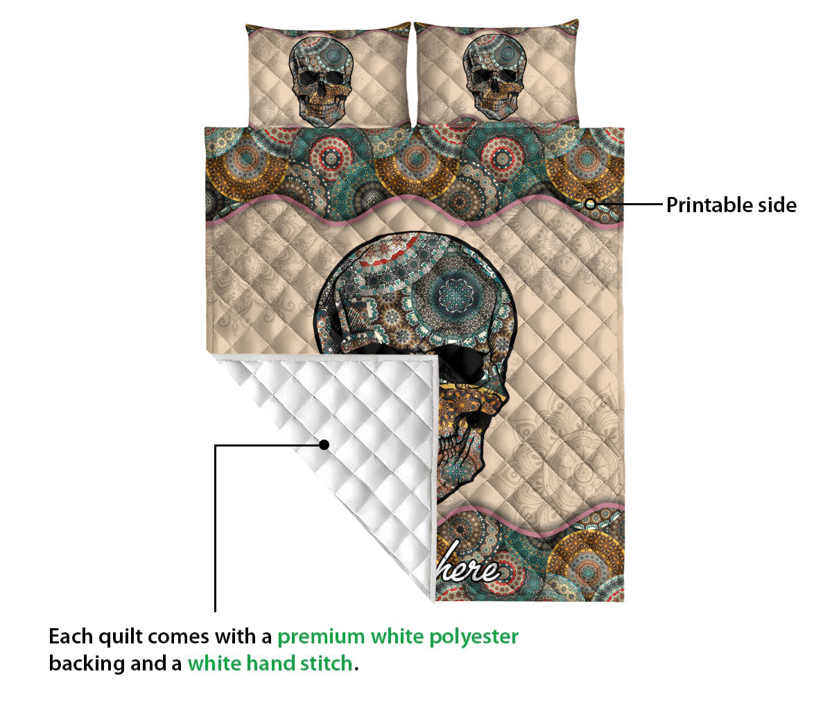 Ohaprints-Quilt-Bed-Set-Pillowcase-Skull-Skeleton-Mandala-Vintage-Gift-Idea-Custom-Personalized-Name-Blanket-Bedspread-Bedding-3681-Queen (80'' x 90'')