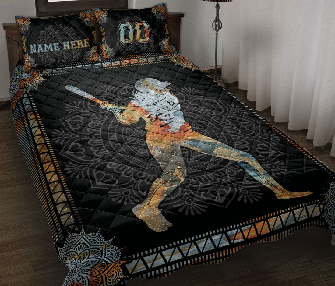 Ohaprints-Quilt-Bed-Set-Pillowcase-Mandala-Baseball-Softball-Girl-Batter-Black-Custom-Personalized-Name-Number-Blanket-Bedspread-Bedding-3071-Throw (55'' x 60'')