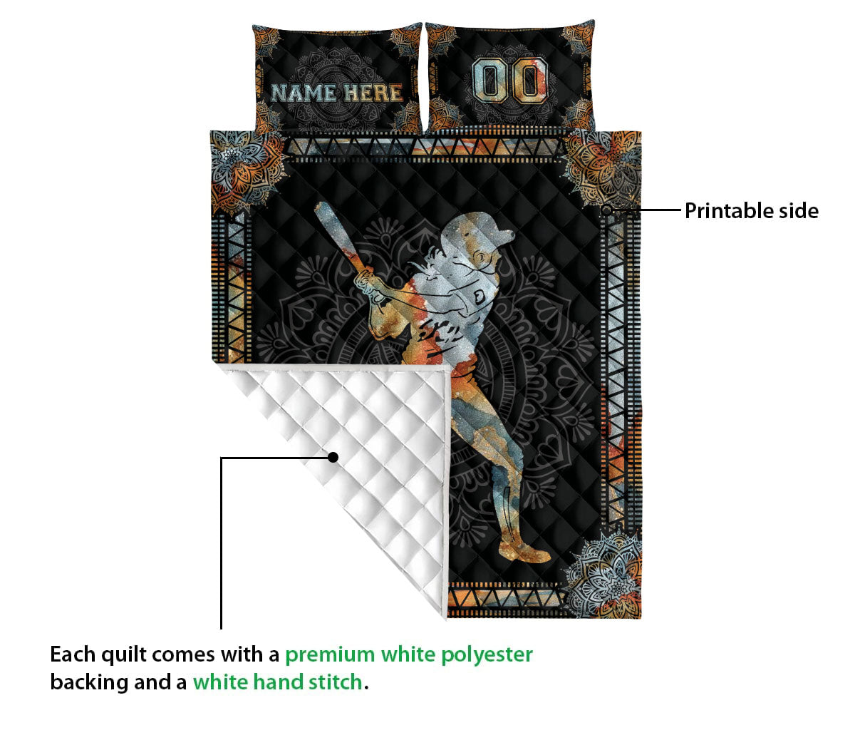 Ohaprints-Quilt-Bed-Set-Pillowcase-Mandala-Baseball-Softball-Girl-Batter-Black-Custom-Personalized-Name-Number-Blanket-Bedspread-Bedding-3071-Queen (80'' x 90'')