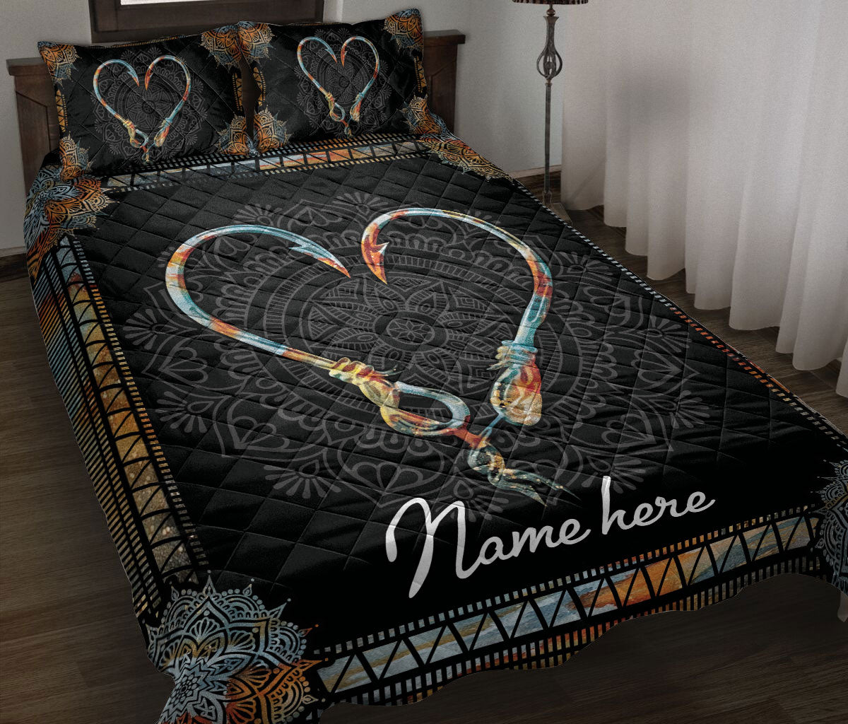 Ohaprints-Quilt-Bed-Set-Pillowcase-Fishing-Hook-Mandala-Fishermen-Gift-Vintage-Black-Custom-Personalized-Name-Blanket-Bedspread-Bedding-3245-Throw (55'' x 60'')
