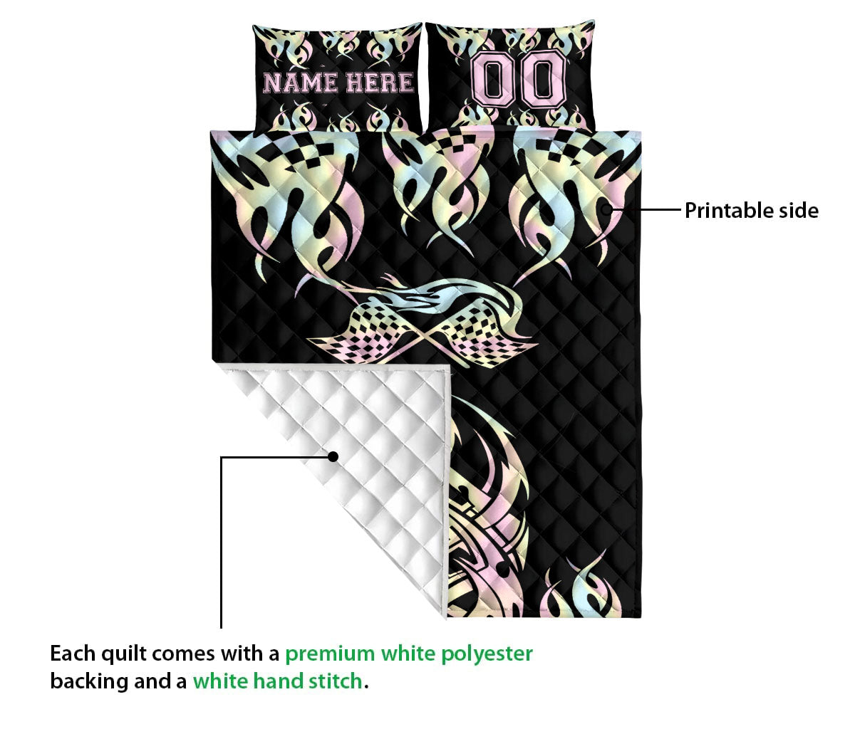 Ohaprints-Quilt-Bed-Set-Pillowcase-Racing-Checkered-Flag-Fire-Racer-Custom-Personalized-Name-Number-Blanket-Bedspread-Bedding-3316-Queen (80'' x 90'')