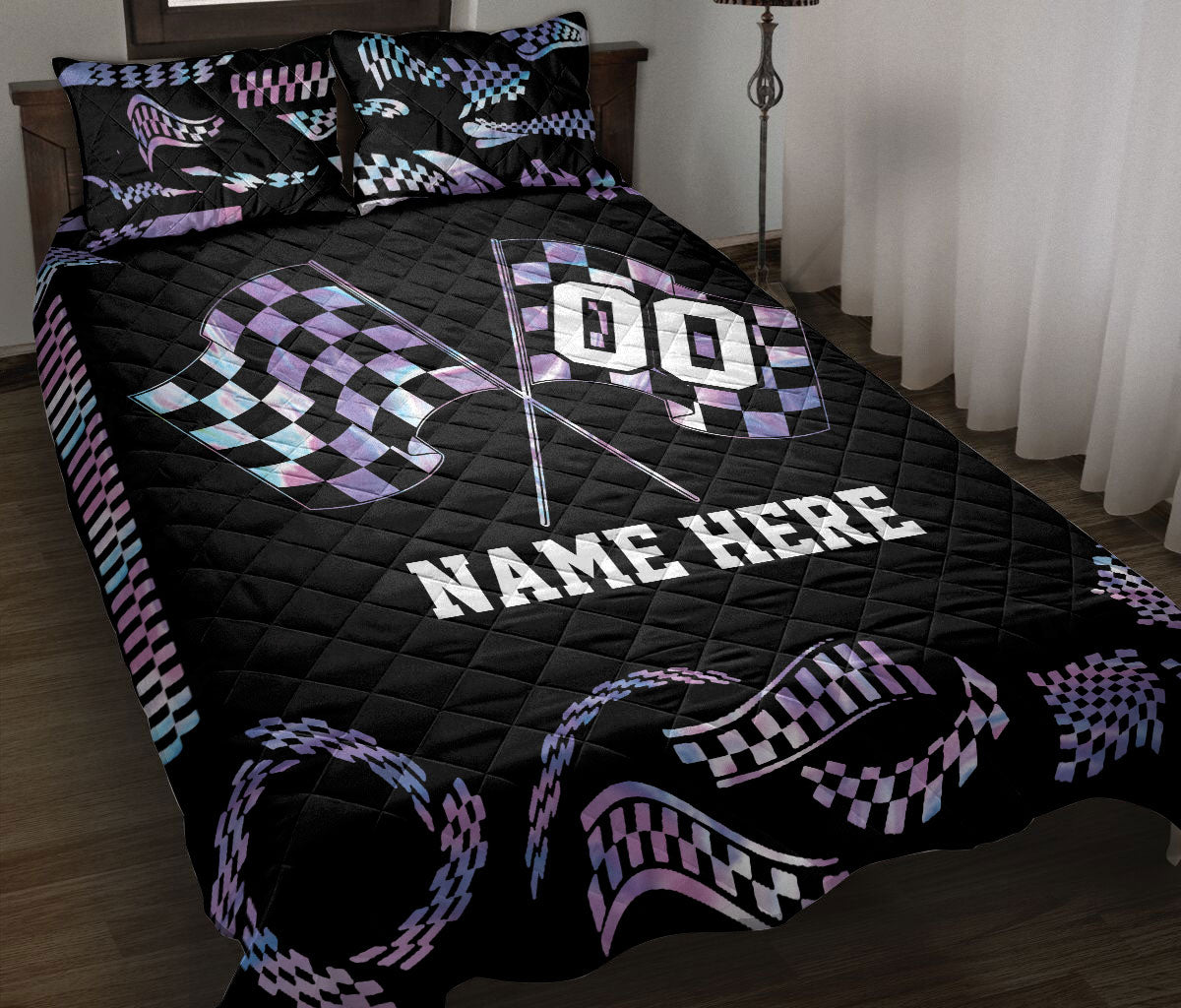 Ohaprints-Quilt-Bed-Set-Pillowcase-Checkered-Racing-Flag-Racer-Custom-Personalized-Name-Number-Blanket-Bedspread-Bedding-3318-Throw (55'' x 60'')