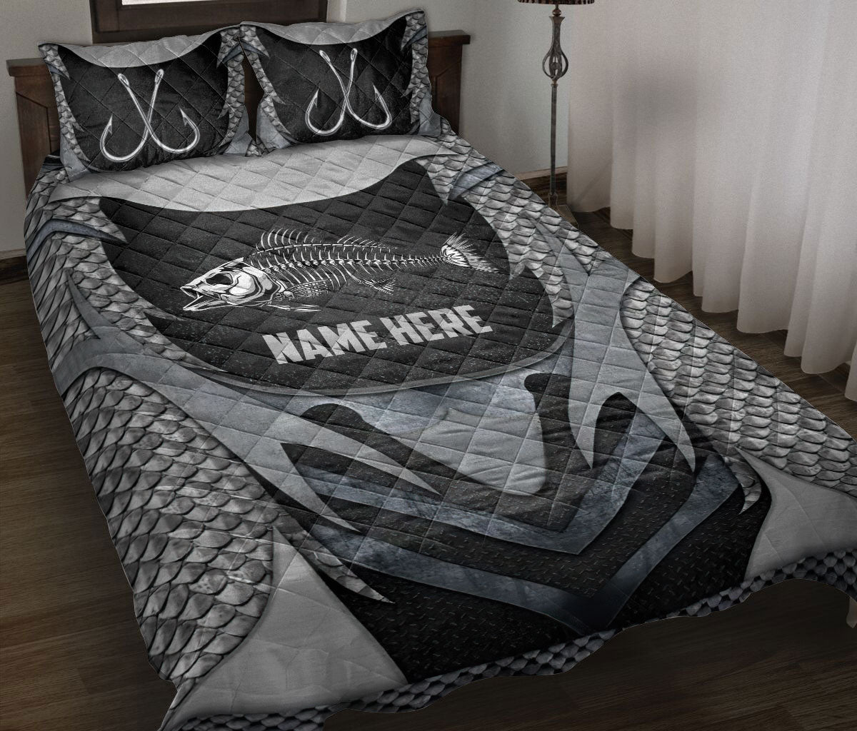 Ohaprints-Quilt-Bed-Set-Pillowcase-Fishing-Fisherman-Fish-Lover-Metal-Pattern-Fish-Bone-Custom-Personalized-Name-Blanket-Bedspread-Bedding-3256-Throw (55'' x 60'')