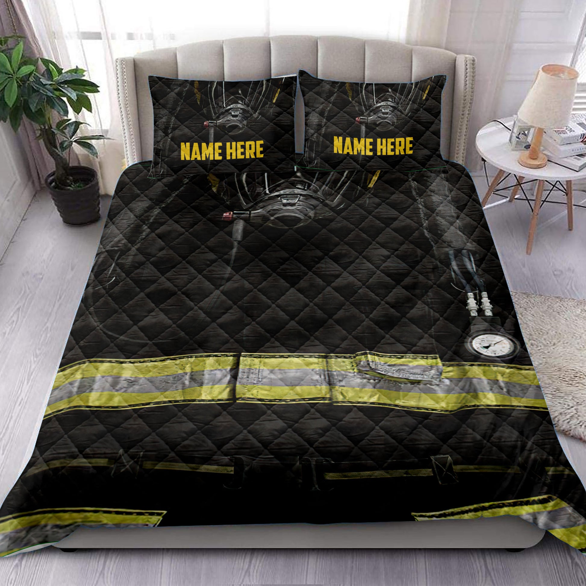 Ohaprints-Quilt-Bed-Set-Pillowcase-Black-Firefighter-Uniform-Firemen-Gift-Idea-Custom-Personalized-Name-Blanket-Bedspread-Bedding-3746-King (90'' x 100'')