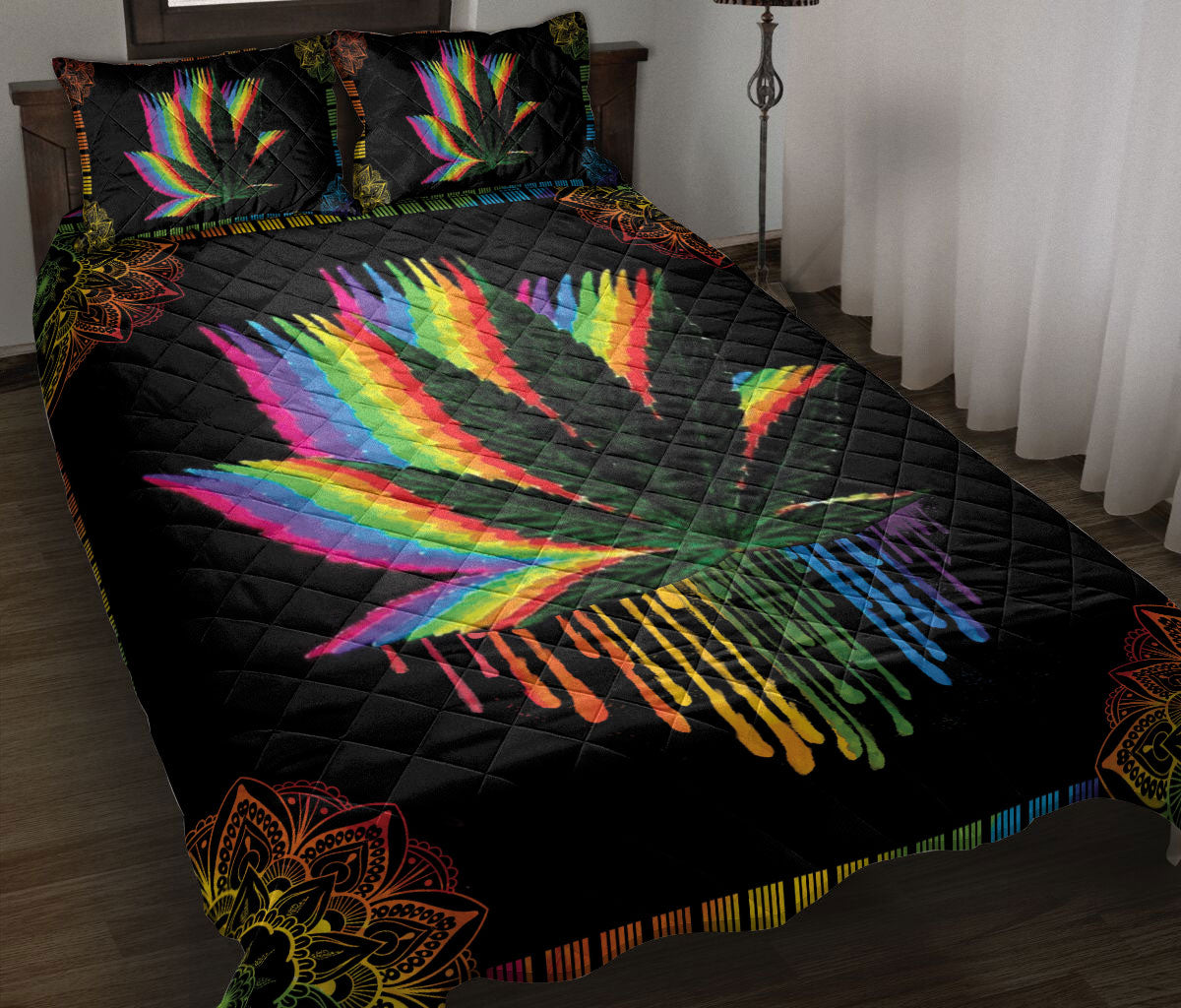 Ohaprints-Quilt-Bed-Set-Pillowcase-Mandala-Rainbow-Leaf-Black-Watercolor-Lgbt-Pride-Unique-Idea-Blanket-Bedspread-Bedding-1878-Throw (55'' x 60'')