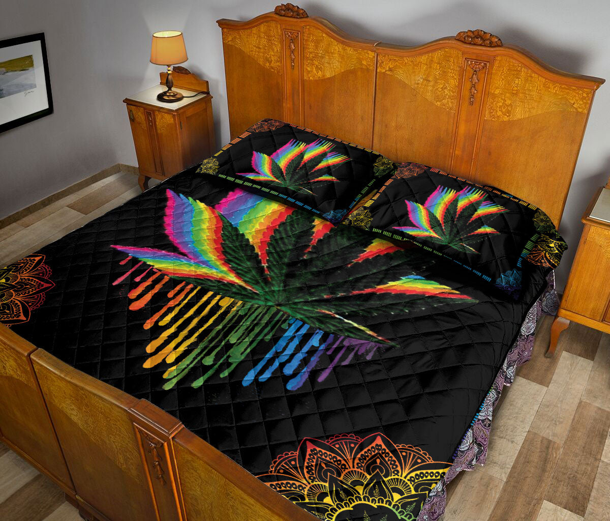 Ohaprints-Quilt-Bed-Set-Pillowcase-Mandala-Rainbow-Leaf-Black-Watercolor-Lgbt-Pride-Unique-Idea-Blanket-Bedspread-Bedding-1878-Queen (80'' x 90'')