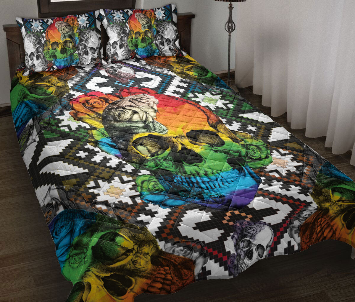 Ohaprints-Quilt-Bed-Set-Pillowcase-Rainbow-Skull-Flower-Boho-Trippy-Unique-Idea-Housewarming-Blanket-Bedspread-Bedding-1855-Throw (55'' x 60'')