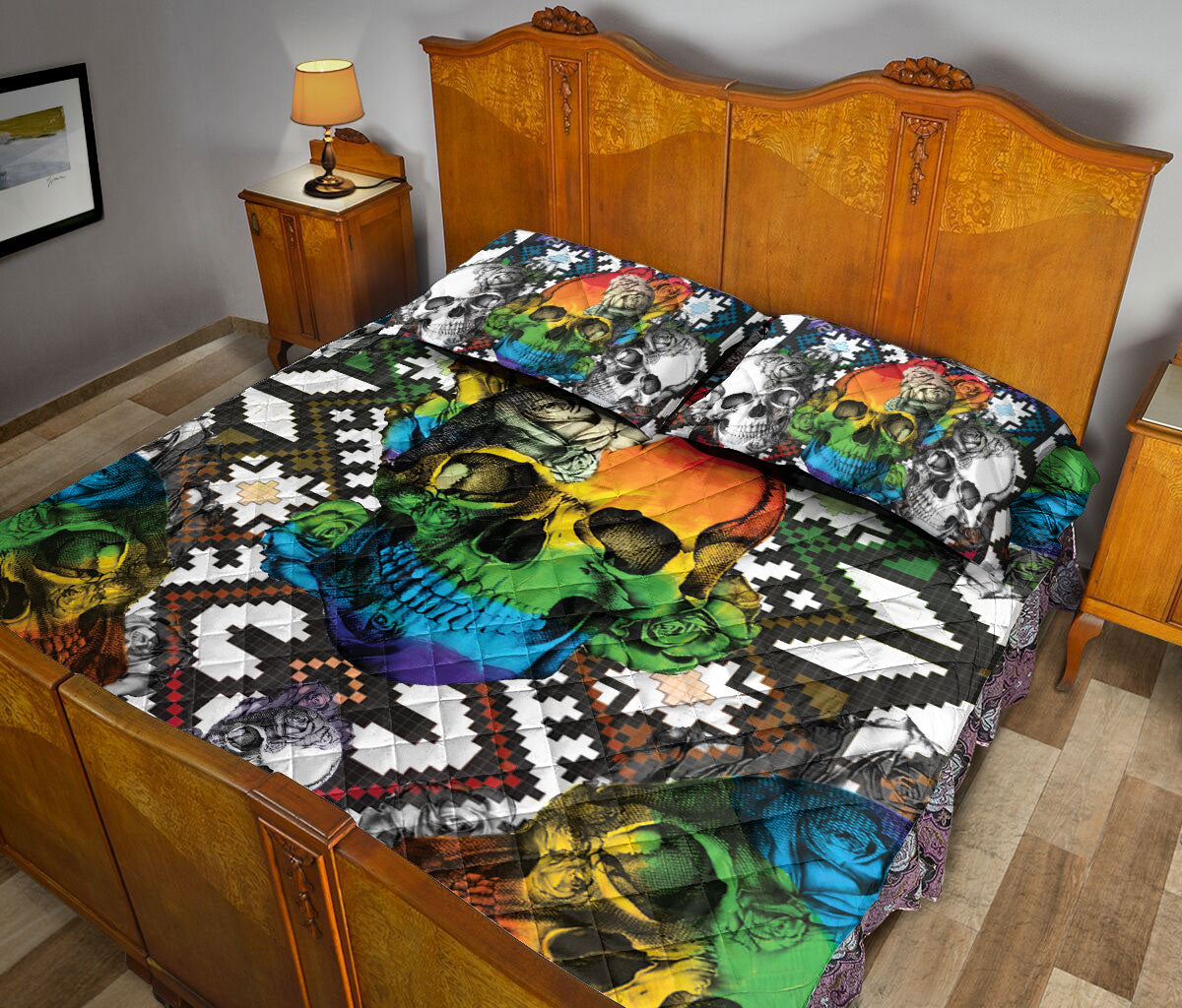 Ohaprints-Quilt-Bed-Set-Pillowcase-Rainbow-Skull-Flower-Boho-Trippy-Unique-Idea-Housewarming-Blanket-Bedspread-Bedding-1855-Queen (80'' x 90'')