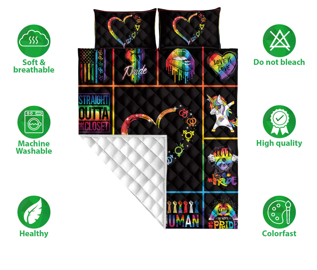 Ohaprints-Quilt-Bed-Set-Pillowcase-Patchwork-Lgbt-Pride-Symbol-Rainbow-Heart-Unicorn-Lips-Human-Being-Unique-Idea-Blanket-Bedspread-Bedding-1351-Double (70'' x 80'')