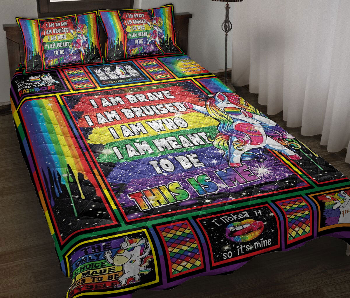 Ohaprints-Quilt-Bed-Set-Pillowcase-Trippy-Lgbt-Pride-Patchwork-Rainbow-Unicorn-I-Am-Brave-Unique-Idea-Blanket-Bedspread-Bedding-775-Throw (55'' x 60'')