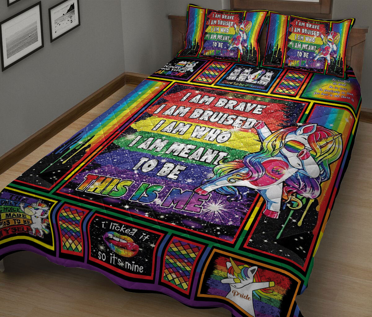 Ohaprints-Quilt-Bed-Set-Pillowcase-Trippy-Lgbt-Pride-Patchwork-Rainbow-Unicorn-I-Am-Brave-Unique-Idea-Blanket-Bedspread-Bedding-775-King (90'' x 100'')