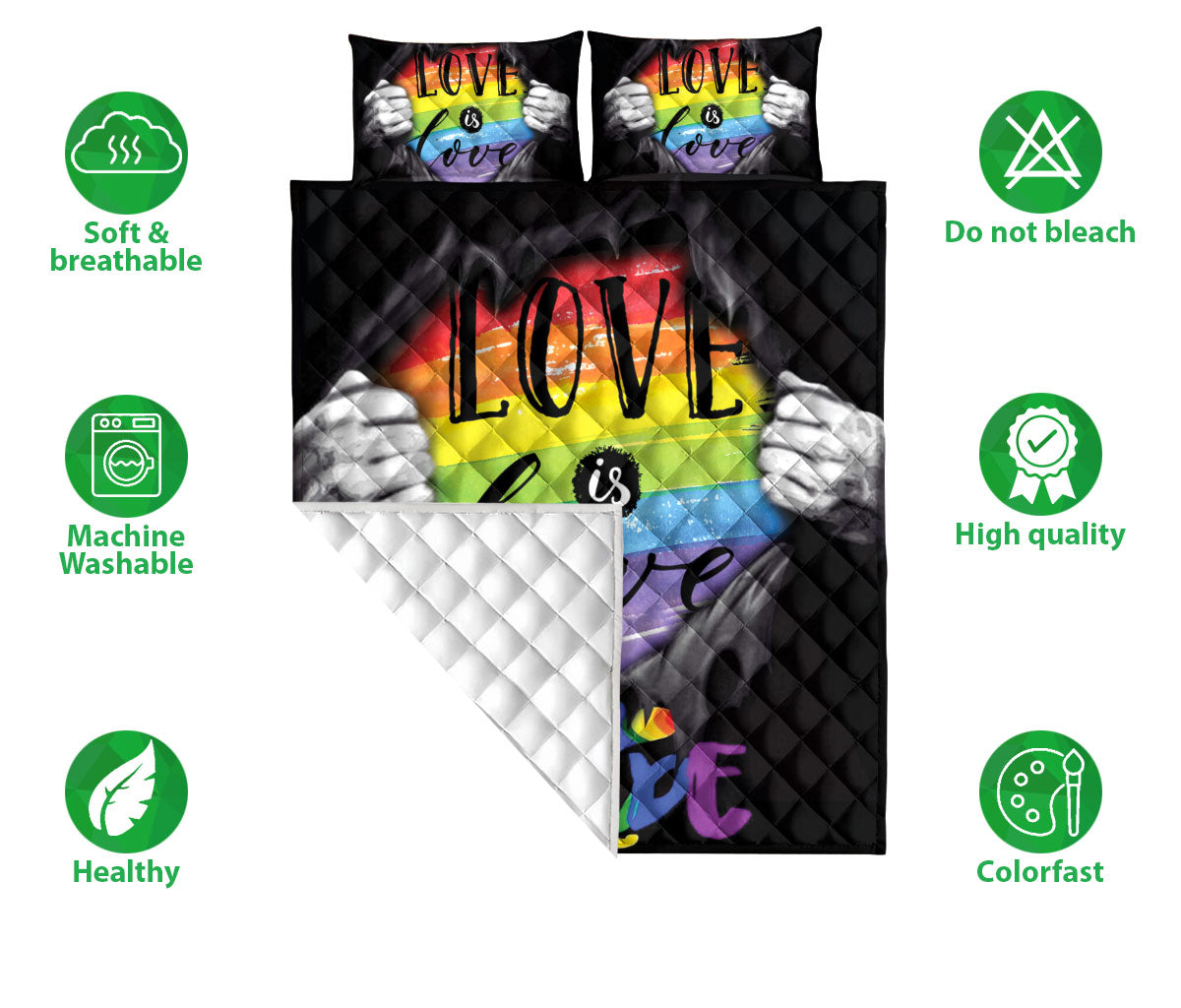 Ohaprints-Quilt-Bed-Set-Pillowcase-Rainbow-Lgbt-Love-Is-Love-Rainbow-Pride-Black-Gay-Lesbian-Transgender-Bisexual-Blanket-Bedspread-Bedding-731-Double (70'' x 80'')