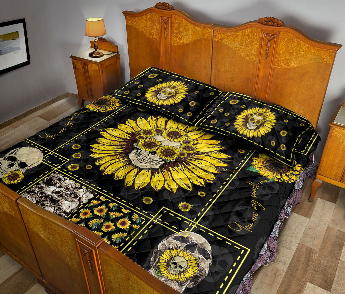 Ohaprints-Quilt-Bed-Set-Pillowcase-Skull-And-Sunflower-Pattern-Housewarming-Unique-Idea-Blanket-Bedspread-Bedding-2444-Queen (80'' x 90'')