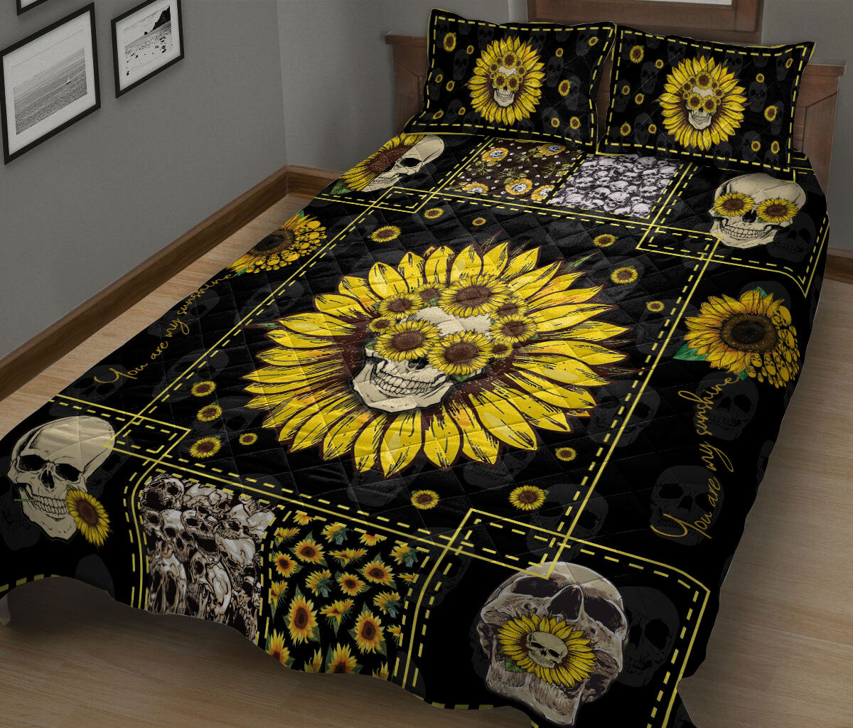 Ohaprints-Quilt-Bed-Set-Pillowcase-Skull-And-Sunflower-Pattern-Housewarming-Unique-Idea-Blanket-Bedspread-Bedding-2444-King (90'' x 100'')