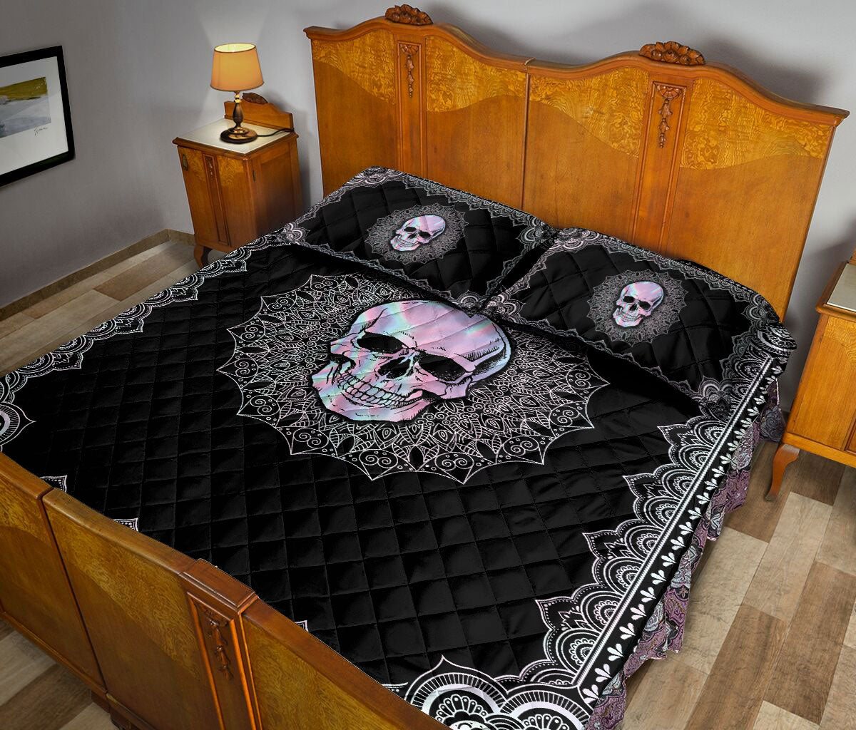 Ohaprints-Quilt-Bed-Set-Pillowcase-Skull-Mandala-Hologram-Pattern-Housewarming-Unique-Idea-Blanket-Bedspread-Bedding-1260-Queen (80'' x 90'')