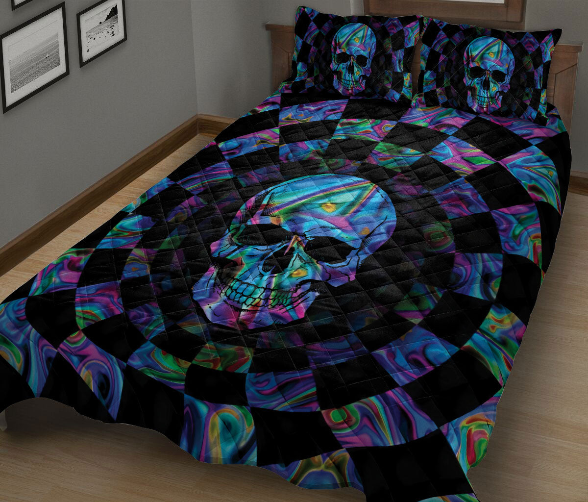 Ohaprints-Quilt-Bed-Set-Pillowcase-Skull-Checkered-Flag-Pattern-Hologram-Housewarming-Unique-Idea-Blanket-Bedspread-Bedding-185-King (90'' x 100'')