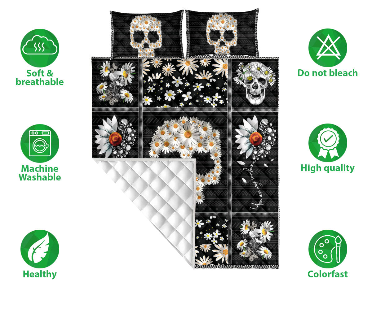 Ohaprints-Quilt-Bed-Set-Pillowcase-Skull-Daisy-Flower-Pattern-Housewarming-Unique-Idea-Blanket-Bedspread-Bedding-53-Double (70'' x 80'')