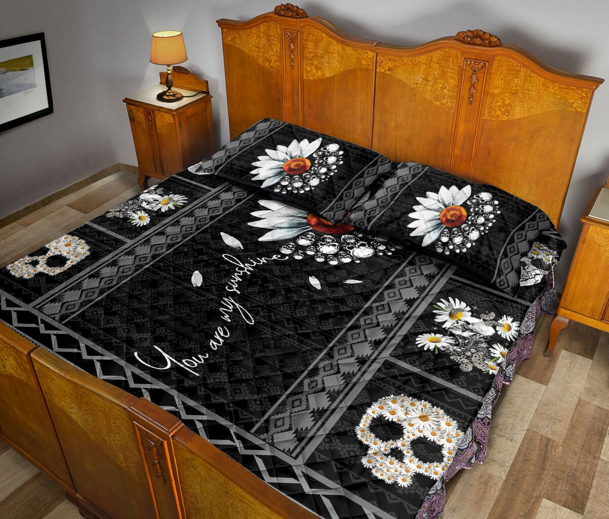 Ohaprints-Quilt-Bed-Set-Pillowcase-Skull-Daisy-You-Are-My-Sunshine-Flower-Skull-Unique-Idea-Blanket-Bedspread-Bedding-45-Queen (80'' x 90'')