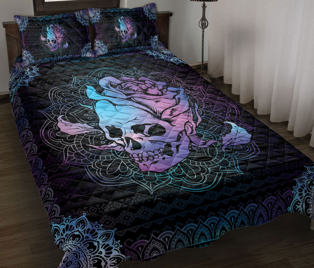 Ohaprints-Quilt-Bed-Set-Pillowcase-Skull-Flower-Mandala-Pattern-Blue-Flower-Housewarming-Idea-Blanket-Bedspread-Bedding-776-Throw (55'' x 60'')