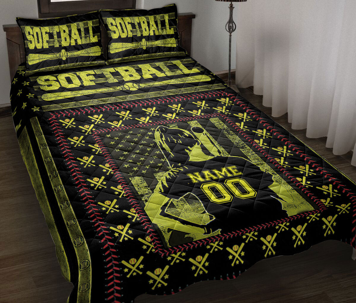 Ohaprints-Quilt-Bed-Set-Pillowcase-Softball-Girl-Player-Lover-Fan-Gift-Yellow-Custom-Personalized-Name-Number-Blanket-Bedspread-Bedding-2600-Throw (55'' x 60'')