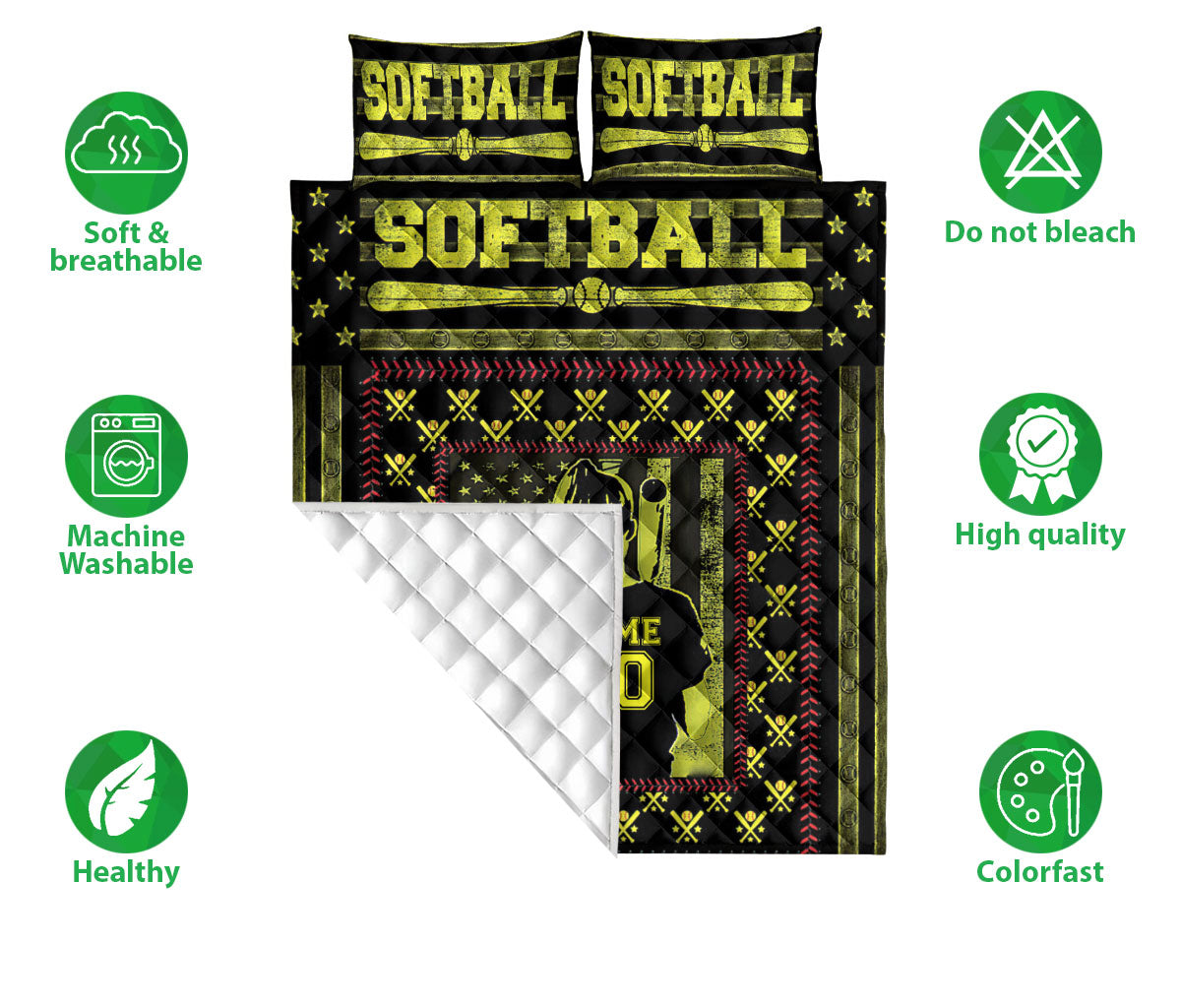 Ohaprints-Quilt-Bed-Set-Pillowcase-Softball-Girl-Player-Lover-Fan-Gift-Yellow-Custom-Personalized-Name-Number-Blanket-Bedspread-Bedding-2600-Double (70'' x 80'')