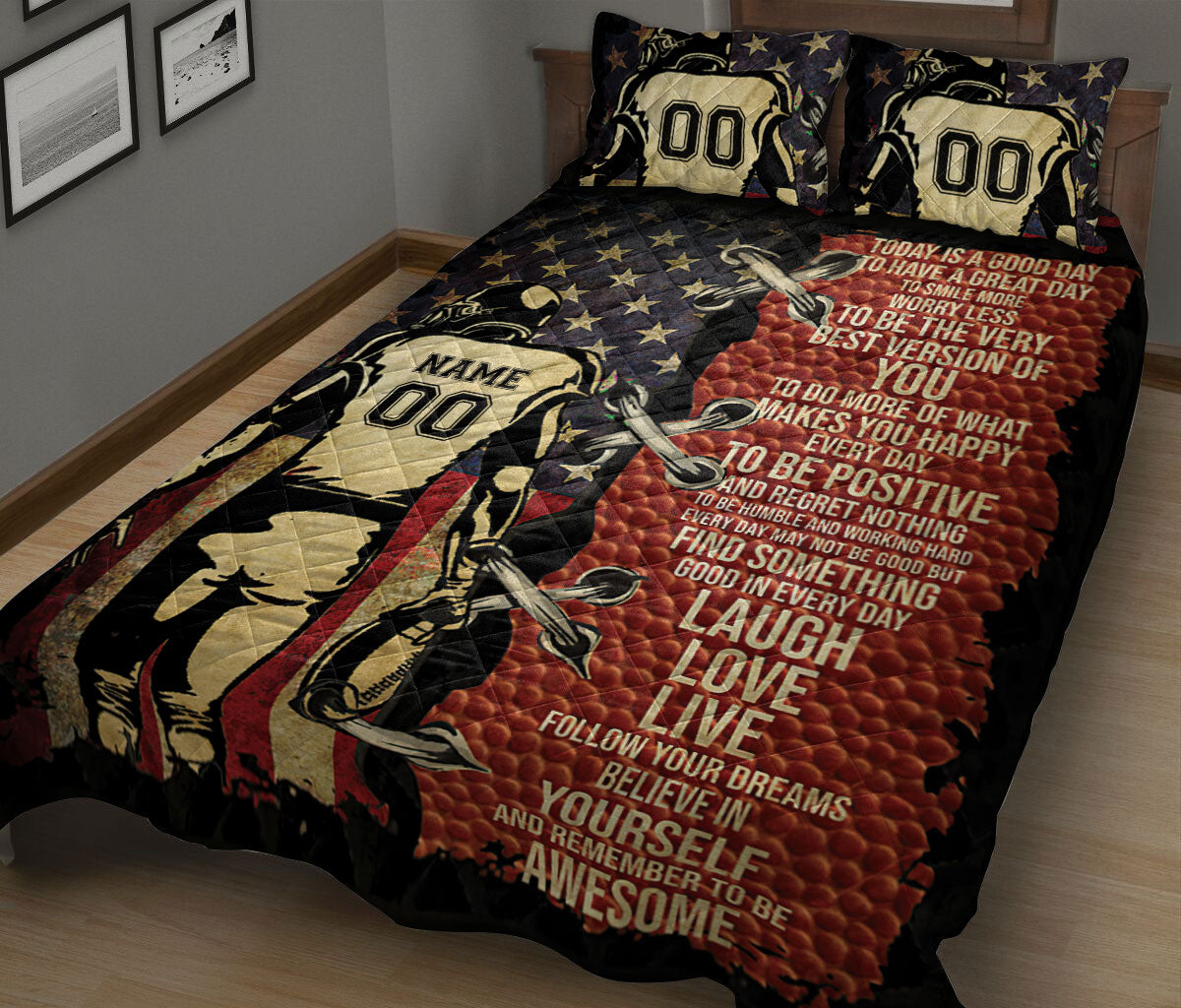 Ohaprints-Quilt-Bed-Set-Pillowcase-Football-Boy-Us-Flag-Player-Fan-Gift-Motivate-Custom-Personalized-Name-Number-Blanket-Bedspread-Bedding-841-King (90'' x 100'')