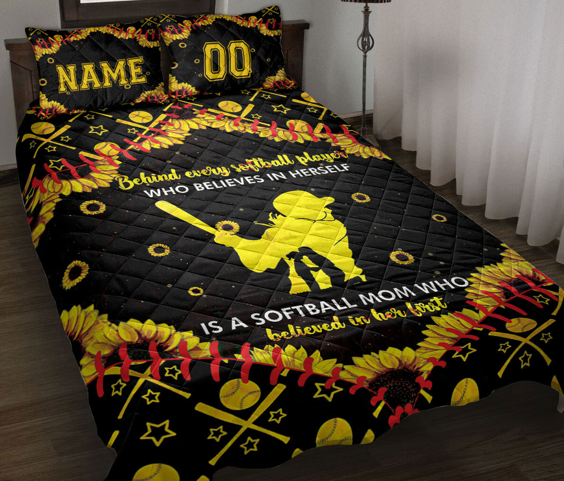 Ohaprints-Quilt-Bed-Set-Pillowcase-Sunflower-Softball-Girl-Softball-Mom-Black-Custom-Personalized-Name-Number-Blanket-Bedspread-Bedding-1182-Throw (55'' x 60'')