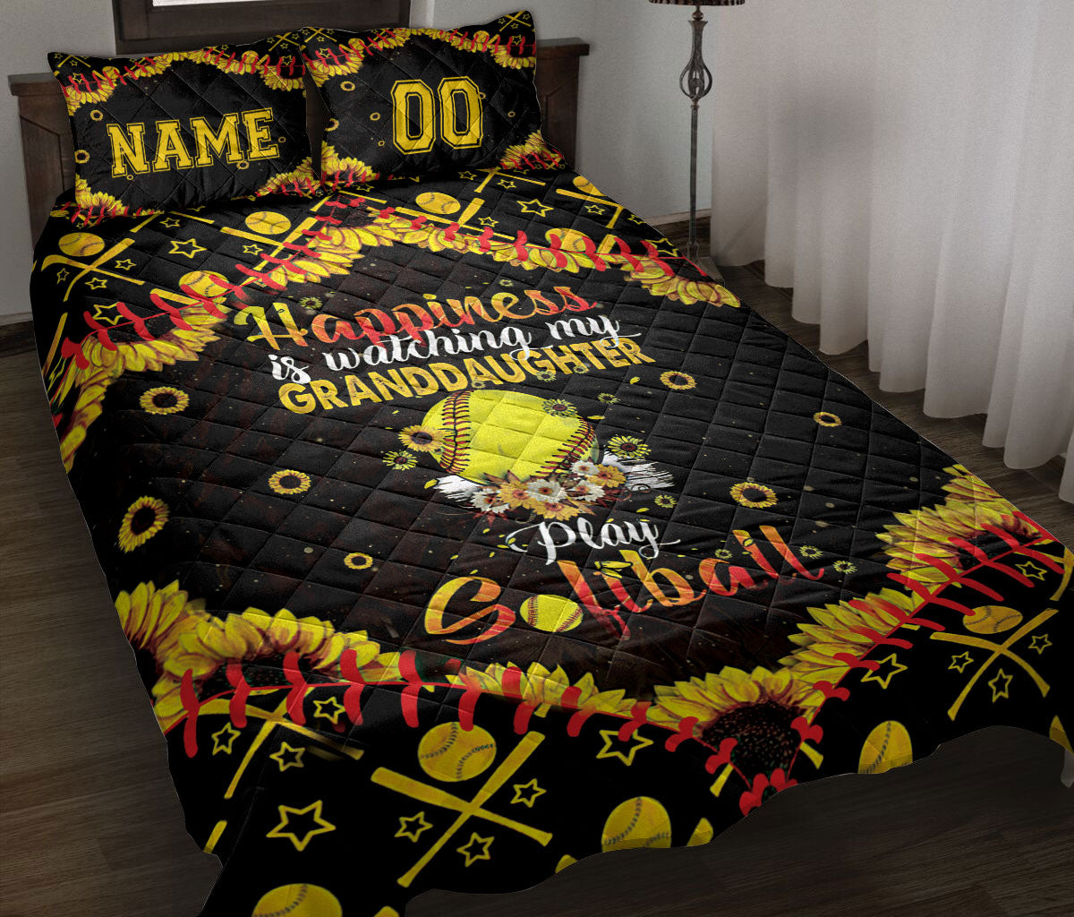 Ohaprints-Quilt-Bed-Set-Pillowcase-Sunflower-Softball-Granddaughter-Gift-Black-Custom-Personalized-Name-Number-Blanket-Bedspread-Bedding-1768-Throw (55'' x 60'')