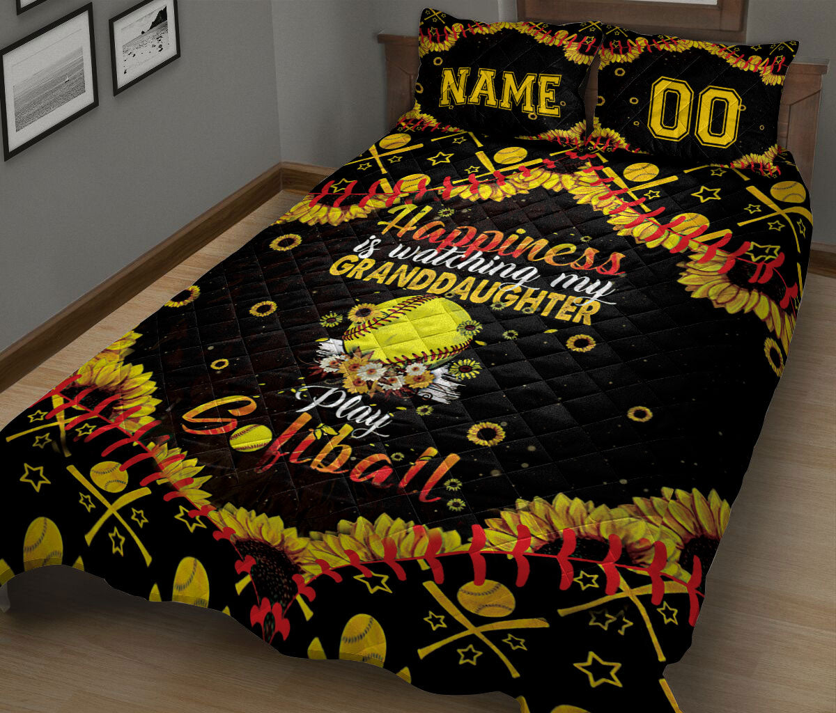 Ohaprints-Quilt-Bed-Set-Pillowcase-Sunflower-Softball-Granddaughter-Gift-Black-Custom-Personalized-Name-Number-Blanket-Bedspread-Bedding-1768-King (90'' x 100'')